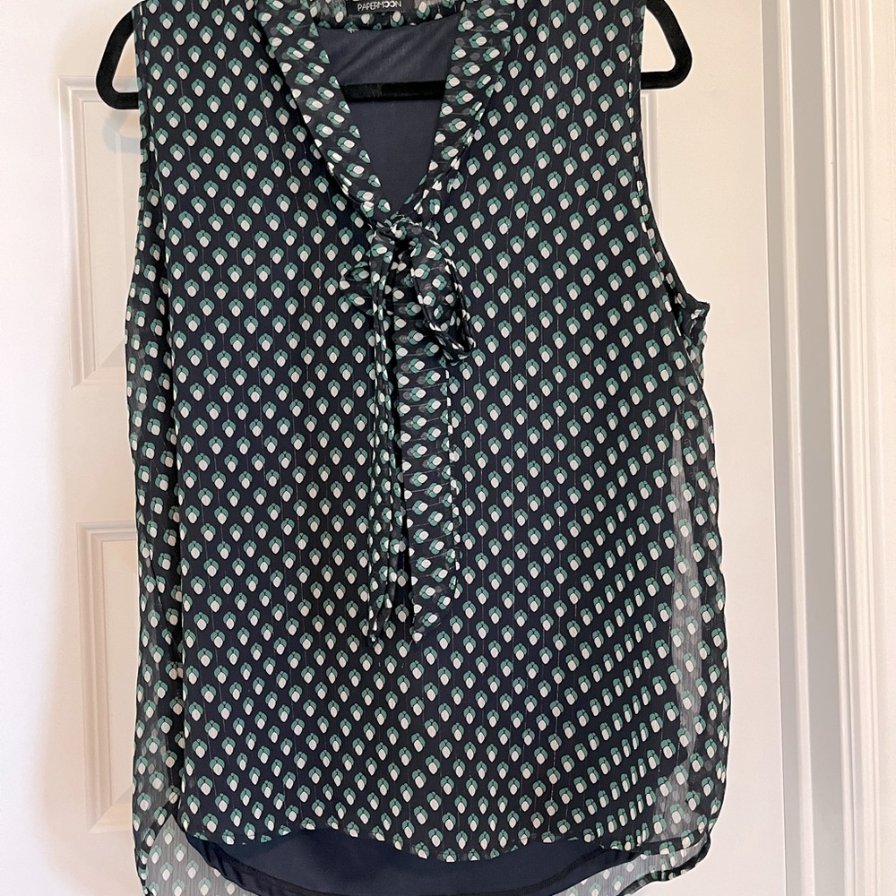 Papermoon Black & Teal Sleeveless Tie-Neck Blouse